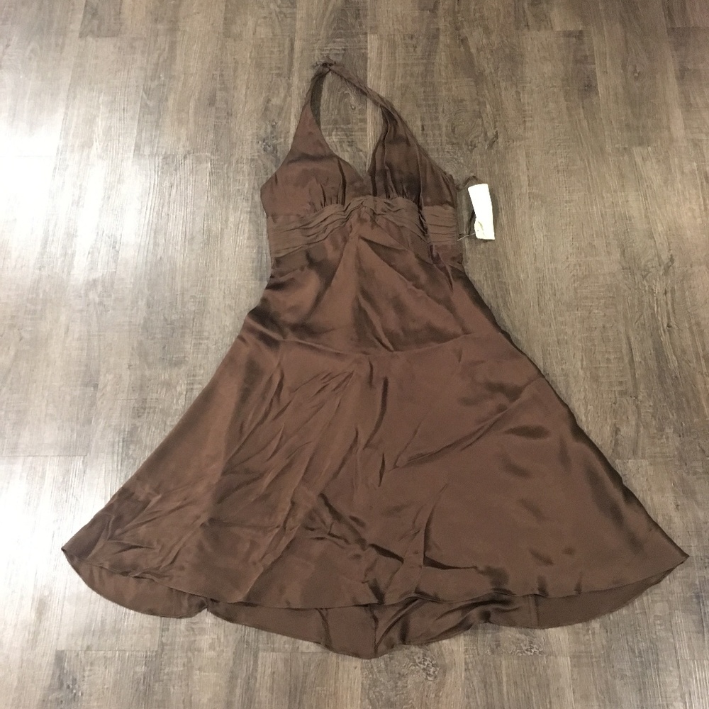 Jones New York 100% Silk Halter Mocha Brown Dress
